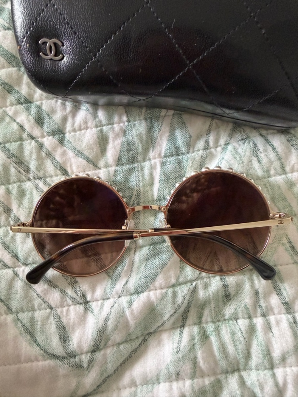 CHANEL Gold Frame Brown Lens Sunglasses with Pearl Trim - Picture 3 of 5